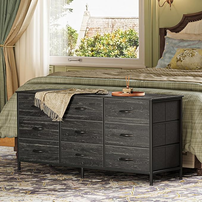 Huuger 9 Drawer Dresser, 47 Inch TV Stand for 50, 55 Inch TV, Entertainment Center with Drawers, Fabric Dresser Chest of Drawer for Bedroom, Closet, Charcoal Black Wood Grain Print