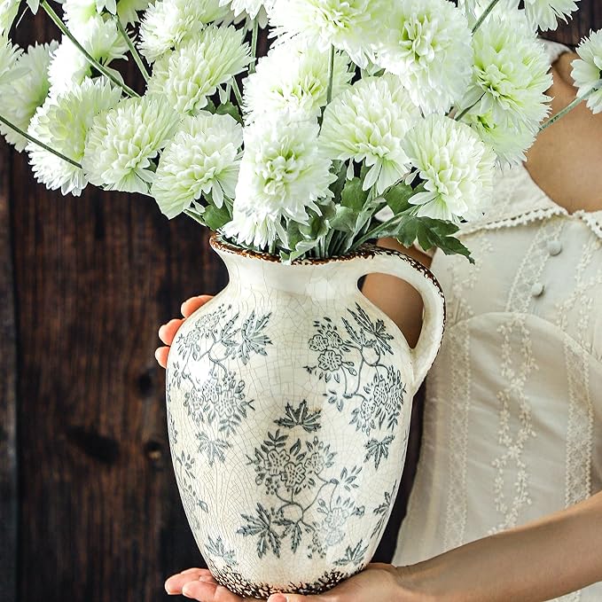 Enra Vintage vase with Handle,Blue and White Ceramic Decorative Flower vase, Chinoiserie Floral Vase,Large Rustic Vases for Home Decors, Living Room, Bookshelf, Office，9.7 inch