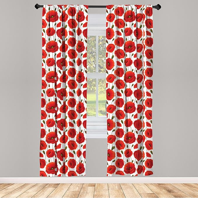 Ambesonne Poppy Flower Window Curtains Pack of 2, Springs Ladybugs Animals and Plants Flora Fauna Nature, Lightweight Set with Rod Pocket, 4 Panels of - 28" x 95", Burnt Orange Olive Green