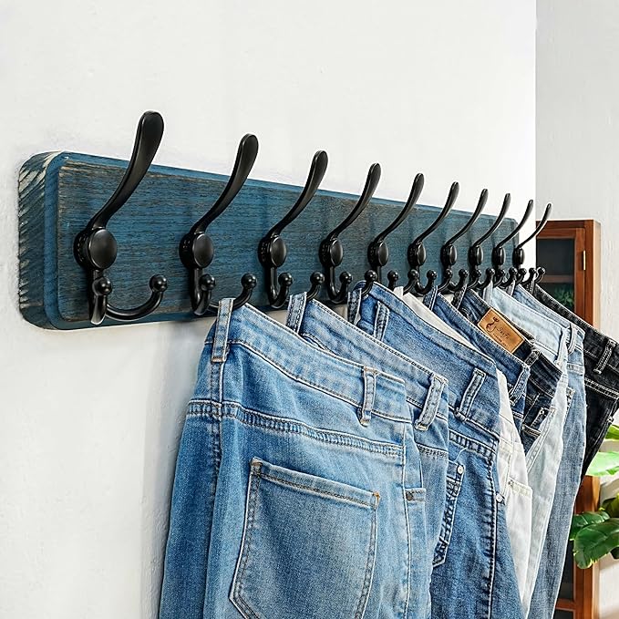 Dseap Coat Rack Wall - Heavy-Duty 38-1/4" Long, with Reinforced 10 Custom Tri-Hooks, Solid Wood Wall Hanger for Coats Hat Jackets - Rustic Farmhouse Entryway Hallway Storage, Weathered Blue & Black