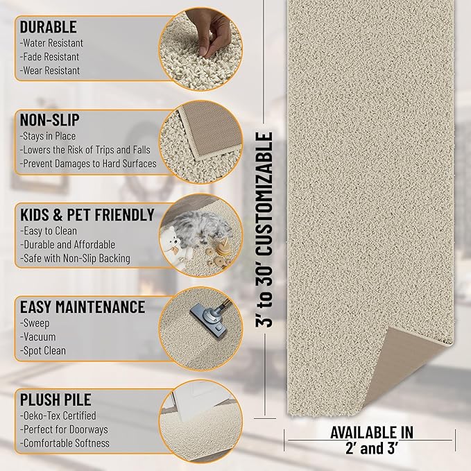 Ottomanson 3' x 16' Shaggy Runner Rug - Plush & Cozy Non-Slip Carpet for Bedroom, Living Room, Bathroom & Entryway - Durable & High-Traffic Friendly for Hallways & Dorms, Cream