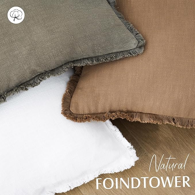 Foindtower Set of 2 Decorative Linen Fringe Throw Pillow Covers Cozy Boho Farmhouse Cushion Cover with Tassels Soft Accent Pillowcase for Couch Sofa Bed Living Room Home Decor,18×18 Inch,Khaki Brown