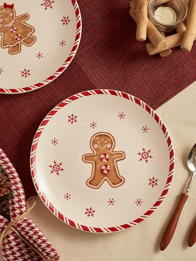 Bico Traditional Christmas Gingerbread Man Ceramic 8.75 inch Holiday Salad Plates Set, Set of 4, for salad, appetizer, tapas, Microwave and Dishwasher Safe, Scratch Resistant