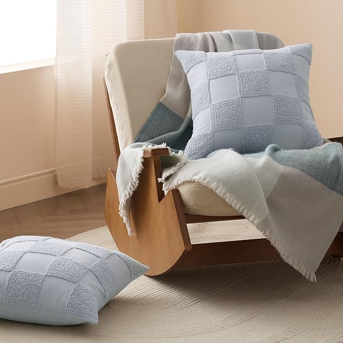 Double Stitch Checkered Throw Pillow Covers - 100% Cotton Set of 2 Tufted Boho Decorative Pillow Covers 20x20, Made in India, Square Cushion Case, Modern Home Decor for Couch, Sofa, Arctic Blue
