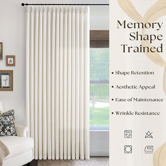 Pinch Pleat Linen Curtains 90 Inches Long 100 Inch Wide for Patio Sliding Door Light Filtering Semi Sheer Pleated Drapes Back Tab Cream Ivory Living Dining Room Extra Wide 100 x 90 Curtain 1 Panel