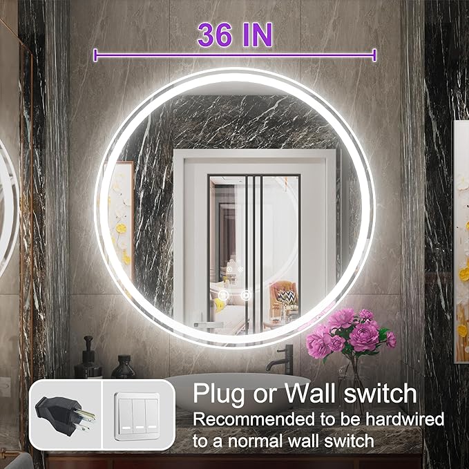 36 Inch Round LED Mirror for Bathroom, Front & Backlit Round Lighted Vanity Mirror for Wall, Adjustable Brightness, 6000K, Anti Fog, Touch, Memory