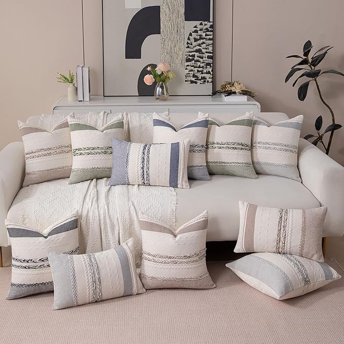 Boho Lumbar Pillow Covers Set of 2-12x20 Inch Decorative Farmhouse Striped Coastal Accent Textured Long Boho Throw Pillows for Couch, Neutral Rectangle Pillowcases for Bed, Home Decor, Grey