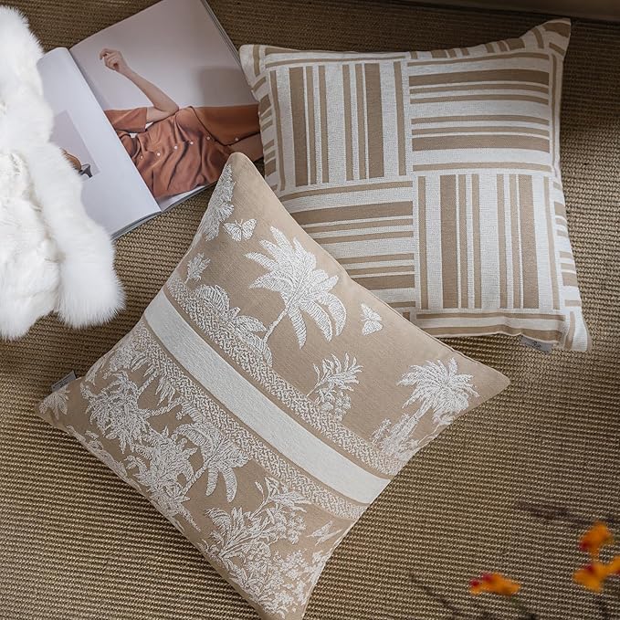 Premium Throw Pillow Covers 22x22 Inches - Oatmeal Jungle with White Palm Tree Chenille Jacquard Embroidery Decorative Couch Pillow Covers for Living Room Bedroom Sofa