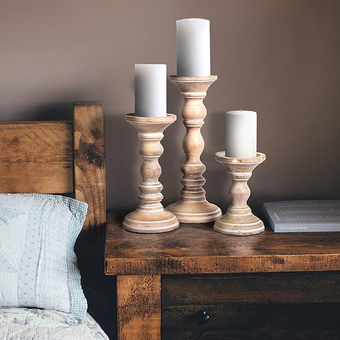 Mela Artisans Wooden Pillar Candle Holders | Willow Design | Set of 3 Mango Wood Candlesticks | Whitewash | Sizes 6" & 9" &12" | Table Decor | Centerpiece | Mantel | Wedding | Living Room Decor