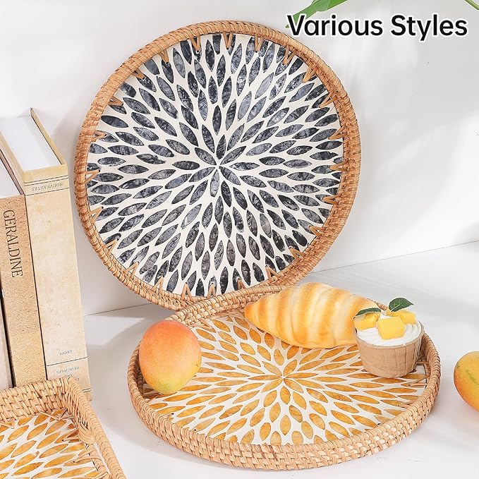 Round Rattan Tray with Mother of Pearl Inlay, Rattan Serving Tray for Coffee, Bread, Fruits, Decorative Wicker Tray for Table Decor, Home Decor, Kitchen Island Decor (Amber Leaf, 11.8")