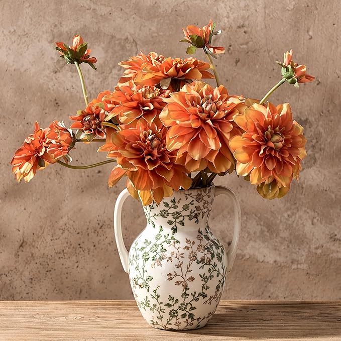 Green and Beige Farmhouse Vintage Vase with 2 Handles, Chinoiserie Floral Vase, Rustic Ceramic Vases for Home Decor, Wedding, Living Room, Table, Shelf Decor - 8.3 Inch Tall