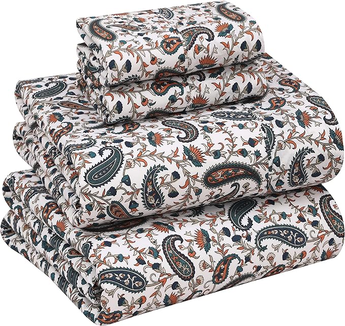 RUVANTI 100% Cotton King Size Sheets Set, 4 Pieces, Soft & Breathable Percale Weave Bedding, Deep Pocket 16", Hotel Standard, Crisp Cool Feel, Durable, Perfect Floral Bed Sheet, Teal Paisley