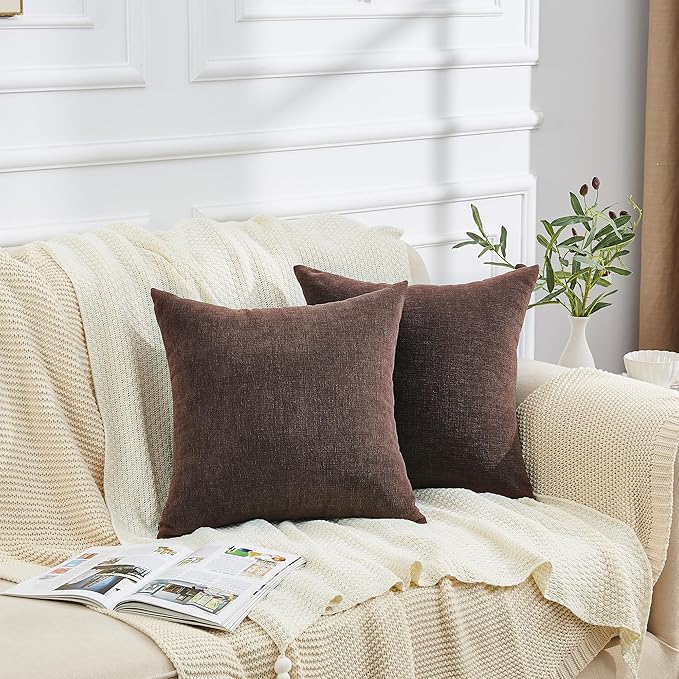 GAWAMAY Decorative Square Throw Pillow Covers 20"x20" Inch Set of 2, Super Soft Chenille Pillows Farmhouse Fall Pillowcase for Living Room Bedroom Sofa Couch Cushion Cover Coffee 50x50cm (No Inserts)