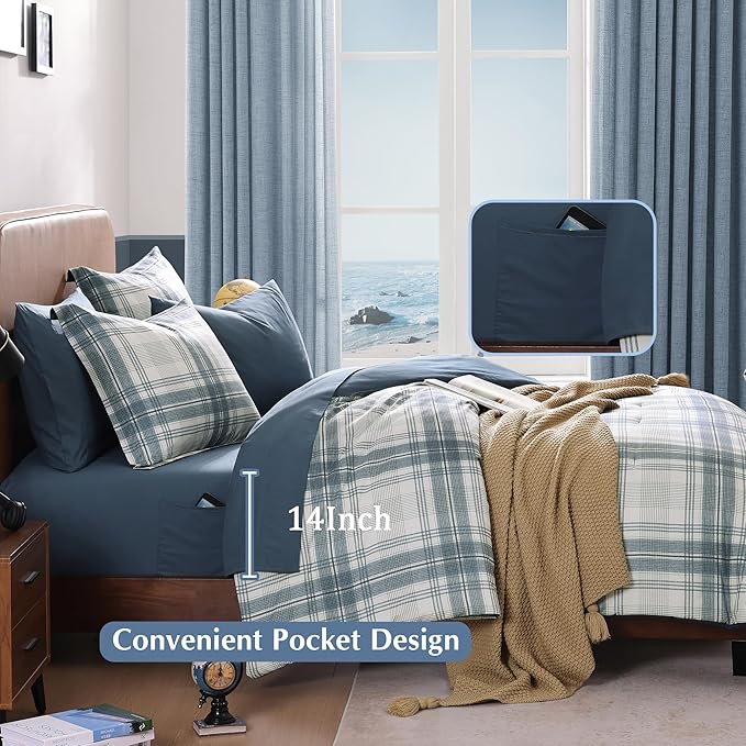 Full Size Comforter Sets, Blue Grey Plaid Bedding Set 7 Piece for Boys Girls Teen, Classic Homestead-Style Kids Comforter Set Bed in A Bag with Sheets, Pillowcases & Shams