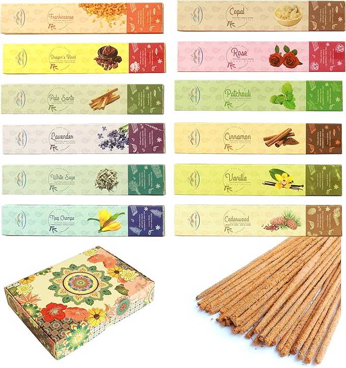 Incense Sticks Variety Pack - Traditional Hand-Rolled Masala Incense - 12 Scents - 100 Sticks - Gift Set