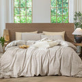 MooMee Gingham Duvet Cover Set 100% Washed Cotton Linen Like Textured Breathable Durable Soft Comfy Modern Checkered Design (Tannish Linen Grey Gingham, Full 80"x90")
