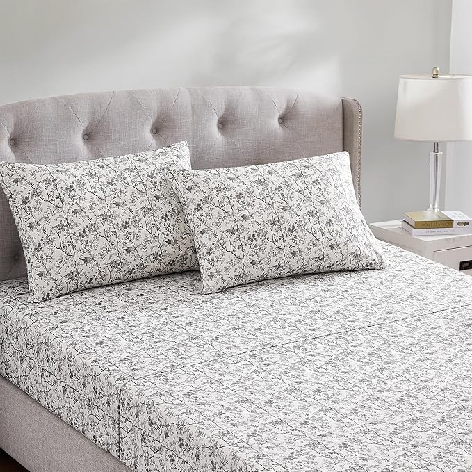 Modern Threads Silky Soft Microfiber and Wrinkle Free Sheets - Luxurious Microfiber Bed Sheets Includes Flat Sheet, Fitted Sheet with Deep Pockets, & Pillowcases Grey Garden Toile, Queen