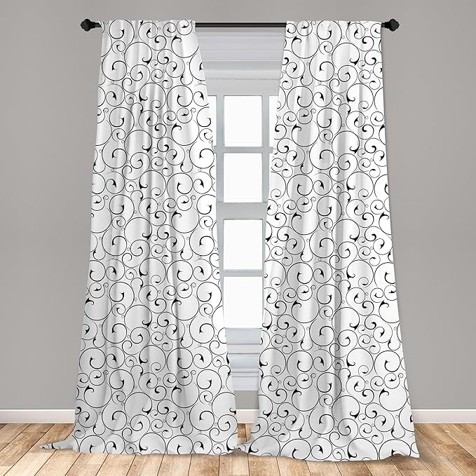 Ambesonne Black and White Window Curtains Pack of 2, Vintage Swirls Pattern with Monochrome Ornamental Old-Fashioned Design, Lightweight Set with Rod Pocket, 4 Panels of - 28" x 84", Black White