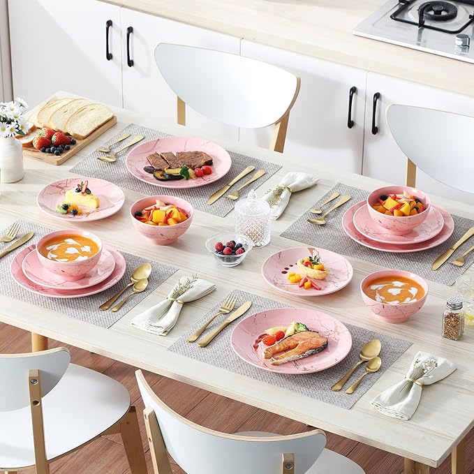 LOVECASA Pink Dinnerware Sets for 4, 12 Piece Porcelain Plates and Bowls Sets, Gold Splash Dish Set, Modern Ceramic Dinner Set, Dishwasher Microwave Safe