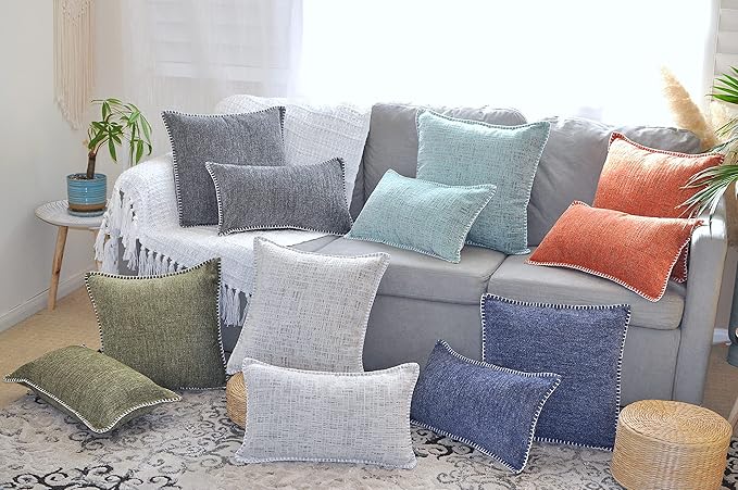 20x20 Stitched Edge Textured Chenille Throw Pillow Covers Cream White & Black Texture Set of 2 Soft Cushion Covers Modern Farmhouse Decorative Square Pillow Cases for Couch Sofa