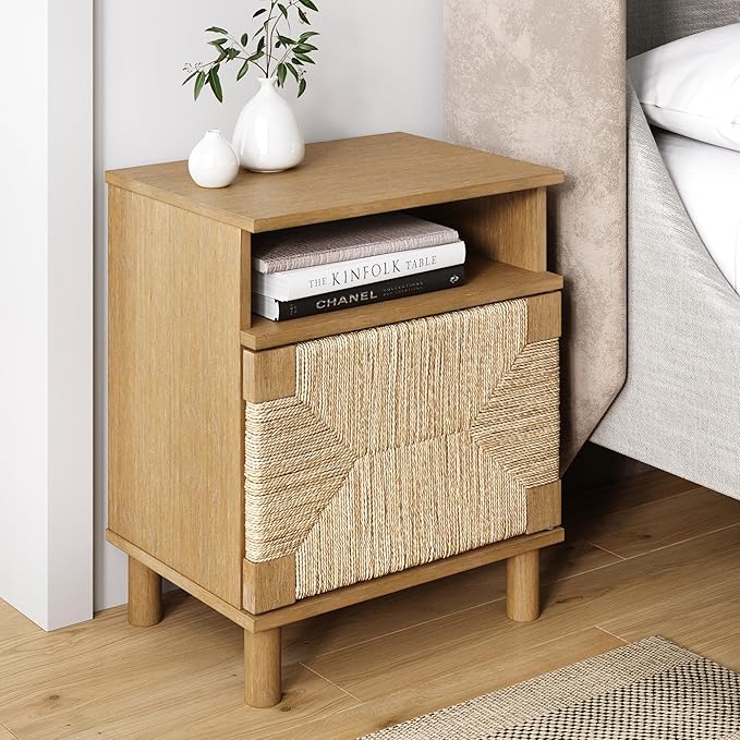 Nathan James Beacon Wood Nightstand, Bohemian Accent Table or Sofa Side Table with Seagrass Door for Bedroom or Living Room, Light Brown