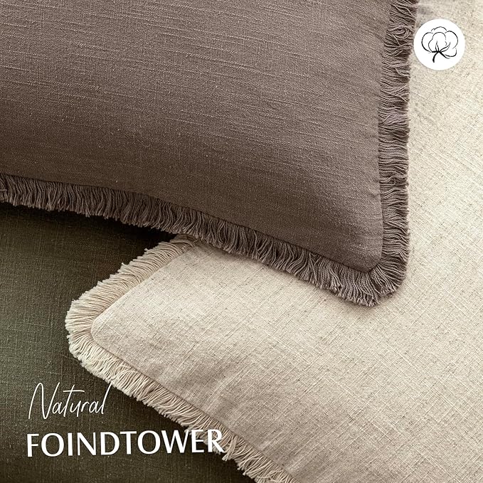 Foindtower Set of 2 Decorative Linen Fringe Lumbar Throw Pillow Covers Boho Farmhouse Cushion Cover with Tassels Accent Pillowcase for Couch Sofa Bed Living Room Home Decor,12×24 Inch,Light Coffee