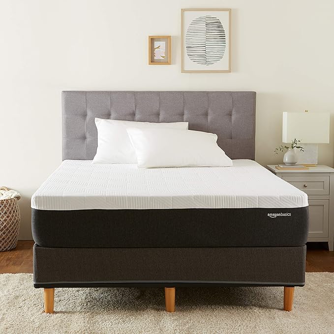 Amazon Basics Gel Memory Foam Mattress, Firm, Cooling, King Size Mattress, CertiPUR-US® Certified Foam, 80 x 76 x 12 inches, White/Dark Gray