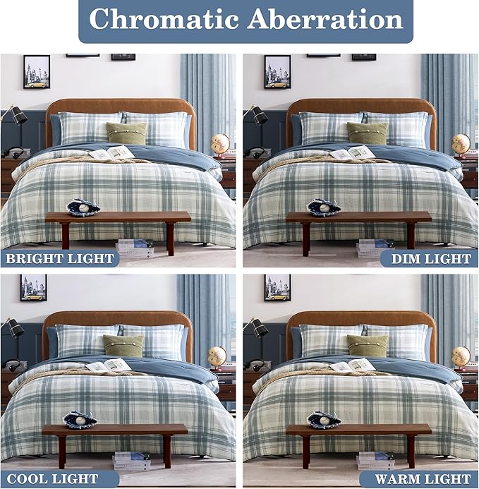 Plaid Queen Comforter Set, Blue Grey Bedding Set 7 Piece for Boys Girls Teen, Classic Homestead-Style Kids Comforter Set Bed in A Bag with Sheets, Pillowcases & Shams
