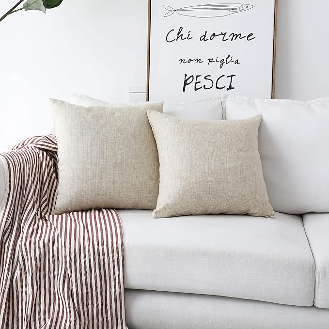 Home Brilliant Set of 2 Burlap Solid Linen European Throw Pillow Shams Cushion Covers for Bed Beige Decorations, 24x24 inches 60cm, Light Linen