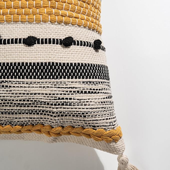 BlissBlush Fall Yellow Mustard Decorative Throw Pillow Cover 20x20 Square Boho Accent Pillowcase Tassels Farmhouse Cushion for Couch Sofa Bedroom Living Room Home Décor Cover ONLY