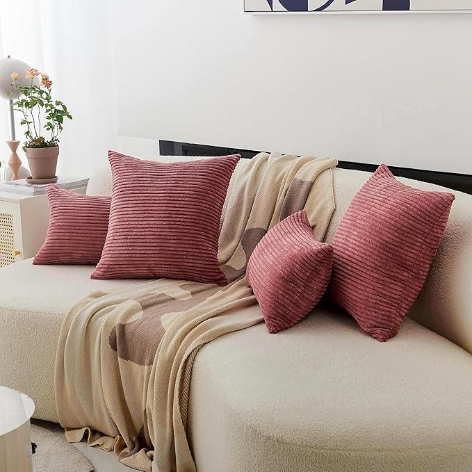 Home Brilliant Pink Pillow Cover 18x18 Striped Velvet Corduroy Decorative Pink Throw Pillows for Couch Bedroom Girls Room, (45x45 cm, 18inch), Dry Rose Pink