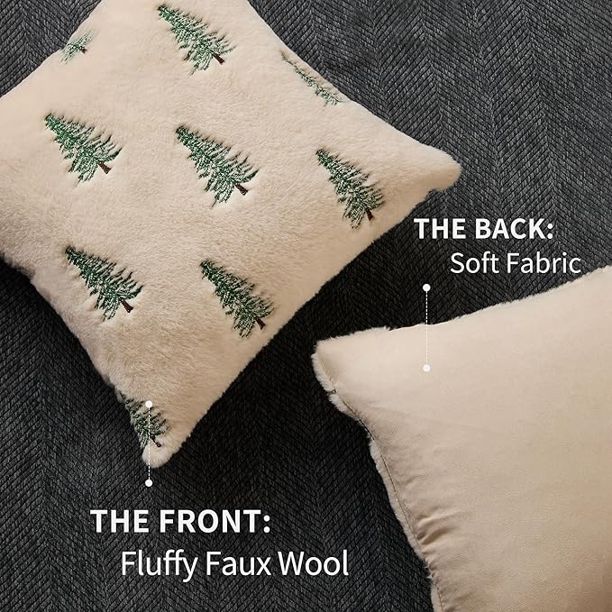 DFXSZ Christmas Pillow Covers 20x20 inch Set of 2 Green Embroidered Christmas Tree Decoration Beige Soft Plush Faux Fur Jacquard Throw Pillows for Bedroom Sofa Holiday Winter Home Decor PTK071C20