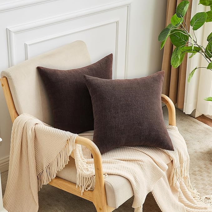 GAWAMAY Decorative Chenille Throw Pillow Covers 24x24 Inch Pack of 2, Soft Square Couch Pillow Cover for Sofa Cushion Living Room Bedroom Solid Dyed Pillowcases Coffee 60x60cm (ONLY Covers)