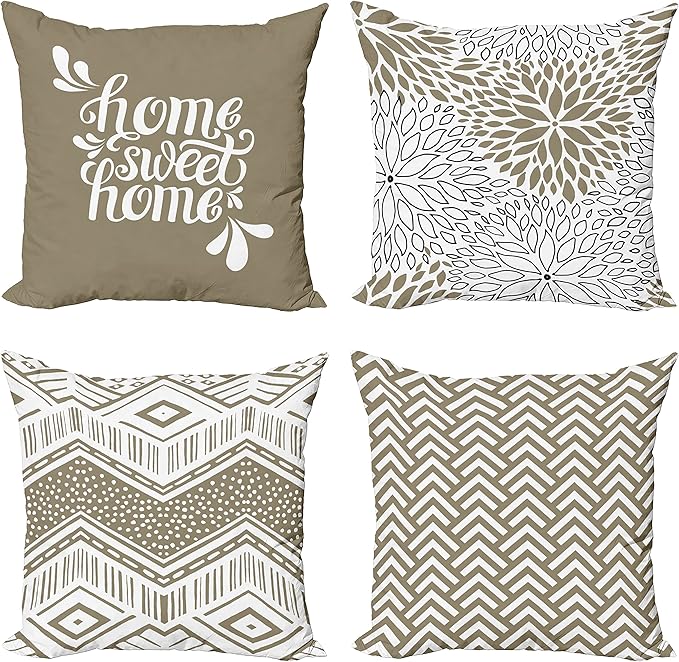 Ambesonne Geometric Throw Pillow Cushion Case Pack of 4, Home Phrase Minimal Zigzag Squama Dahlia Flowers Chevron Tribal, Modern Accent Double-Sided Digital Printing, 20", Cocoa White Charcoal Grey