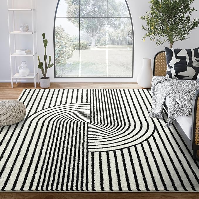 Abani Nuevo Collection Area Rug - Mid-Century Black & Ivory Arch Knot Design - 5' x 8' - for Living Room, Bedroom & Office