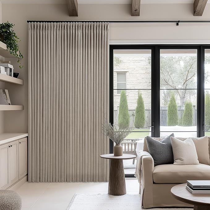 Extra Wide Pleated Curtains 108 Inches Long 100 Inch Width Patio Sliding Door Light Filtering Taupe Grey Beige Burlywood Birch Neutral Modern Neutral 100x108 Drapes Panels Living Dining Room 1 Panel