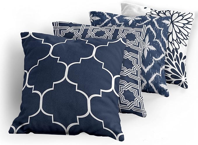 Ambesonne Vintage Throw Pillow Cushion Case Pack of 4, Quatrefoil Mesh Medieval Lattice Ornaments Ethnic Motive and Dahlia Flowers, Modern Accent Double-Sided Digital Printing, 24", Night Blue White