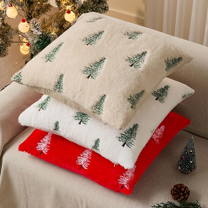 DFXSZ Christmas Pillow Covers 20x20 inch Set of 2 Green Embroidered Christmas Tree Decoration Beige Soft Plush Faux Fur Jacquard Throw Pillows for Bedroom Sofa Holiday Winter Home Decor PTK071C20