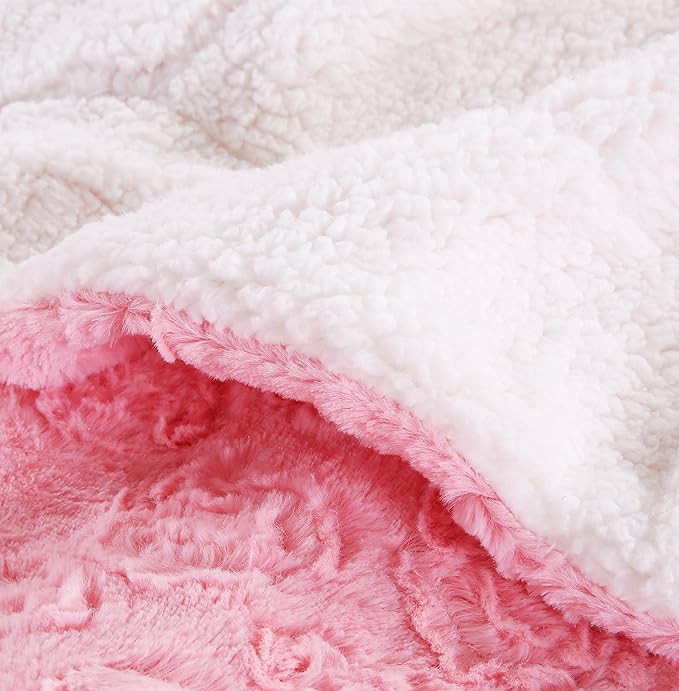 DaDa Bedding Luxury Faux Fur Throw Blanket - [ Non Shedding - Machine Washable] Fluffy Super Cuddly Soft Roses Sherpa Backside - Warm Plush for Lap or Sofa - Bright Vibrant Pink & White - 90" x 90"