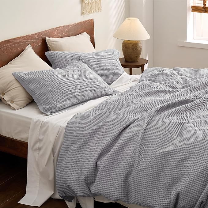 Bedsure Cotton Duvet Cover King - 100% Cotton Waffle Weave Grey Duvet Cover King Size, GentleSoft™ and Breathable Bedding Set for All Season, 3 Pieces, 104"x90"