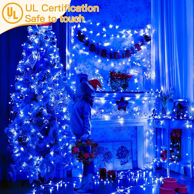 Ollny Blue Christmas Lights Waterproof, 400LED 131FT String Lights with Remote 3 Timer, Plug in 8 Modes Fairy Light for House Xmas Tree Bedroom Indoor Outside Decorations
