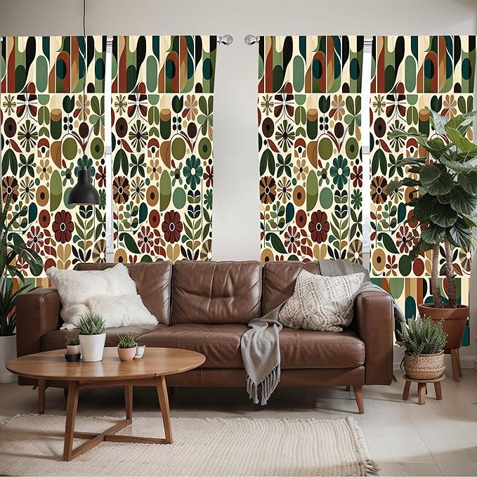 Ambesonne Scandinavian Window Curtains Pack of 2, Abstract Geometric Art of Leaves and Flowers with Bohemian Feel, Lightweight Set with Rod Pocket, 4 Panels of - 28" x 63", Olive Green Redwood Beige