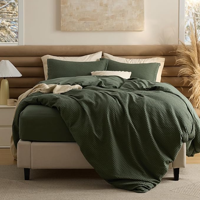 Bedsure 100% Cotton Duvet Cover Queen Size with Fitted Sheet - 4 Pieces Olive Green Waffle Weave Bedding Set, GentleSoft™ and Breathable, Includes 1 Duvet Cover 90x90, 1 Fitted Sheet, 2 Pillow Shams