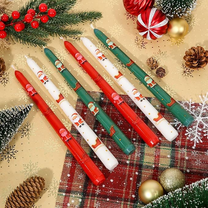 2 Pack Christmas Taper Candles, 10 Inch Unscented Candlesticks with Santa and Sleigh for Holiday Table Centerpiece, Fireplace Mantel, Advent Wreaths, Winter Weddings, Seasonal Home Decor