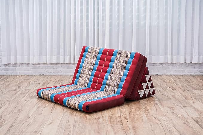 Leewadee 3-Fold Mat XXL with Triangle Cushion – Firm TV Pillow, Foldable Mattress with Cushion Made of Kapok, 67 x 31 inches, Blue Red