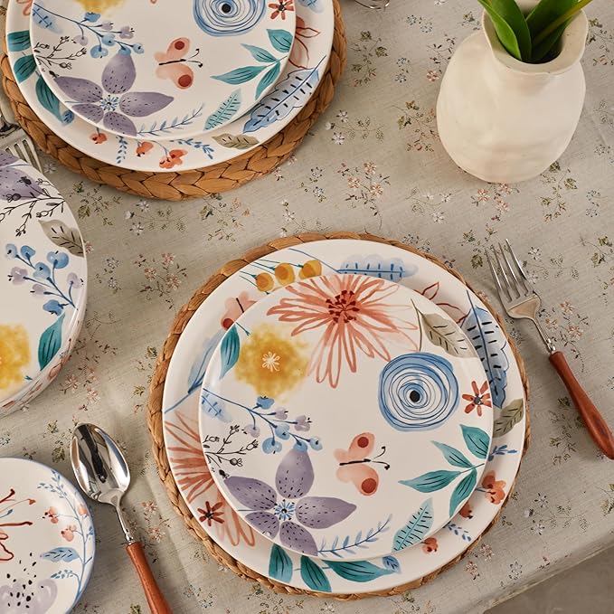 Bico Blossom Symphony Salad Plates Set of 4, 8.75 Inch Ceramic Dessert Plates for Salad, Appetizer, Side Dishes, Microwave and Dishwasher Safe, Gift for Housewarming and Thanksgiving