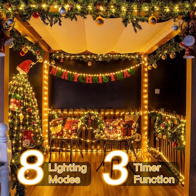 Ollny Christmas Lights Warm White, 600LED 197FT Christmas Tree Lights IP67 Waterproof, Plug in Fairy Lights with Remote 8 Modes Timer, Xmas Light for Outdoor Indoor House Holiday Decor