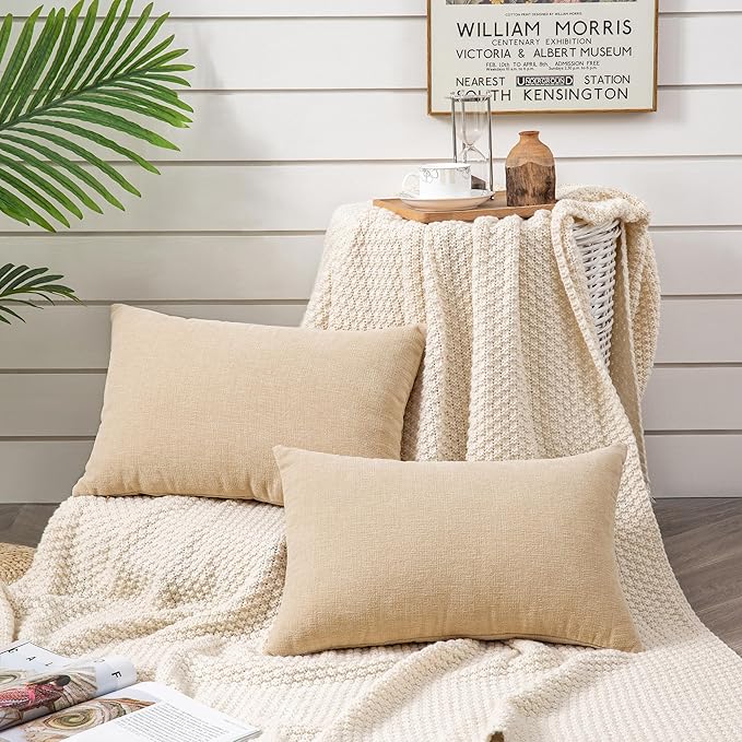 GAWAMAY Decorative Rectangle Throw Pillow Covers 12"x20" Inch Set of 2, Soft Chenille Fall Lumbar Support Pillow Cases for Living Room Bedroom Sofa Couch Cushion Cover Beige 30x50cm (No Inserts)