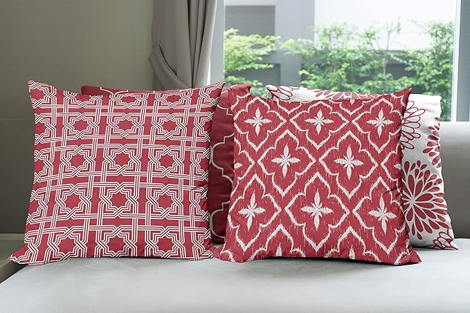 Ambesonne Vintage Throw Pillow Cushion Case Pack of 4, Monochrome Design Grid Trellis Quatrefoil Mesh and Dahlia Flowers Modern Print, Modern Accent Double-Sided Digital Printing, 20", Ruby and White