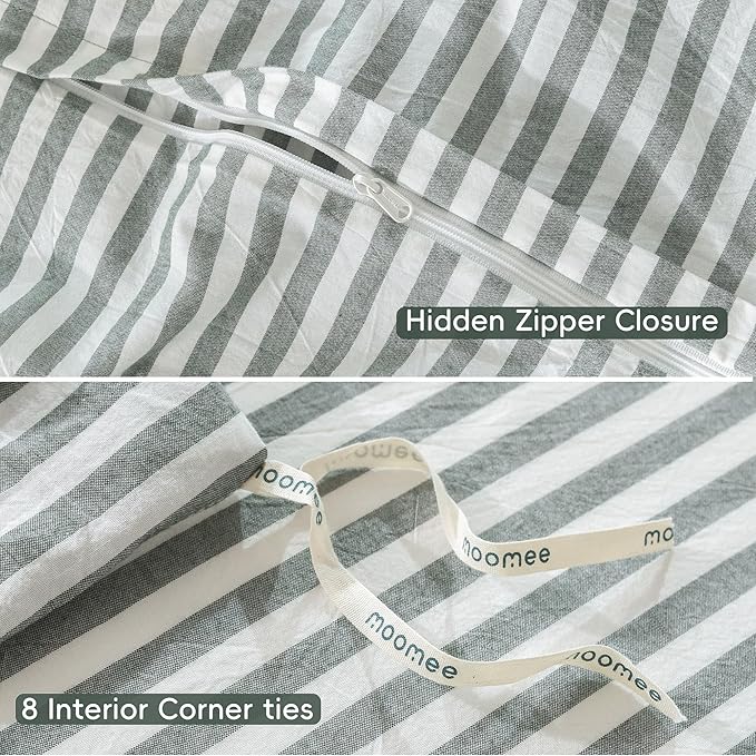 MooMee Striped Duvet Cover Set 100% Washed Cotton Linen Like Textured Breathable Durable Soft Comfy (Heathered Green Classic Stripes, Queen 90"x90")